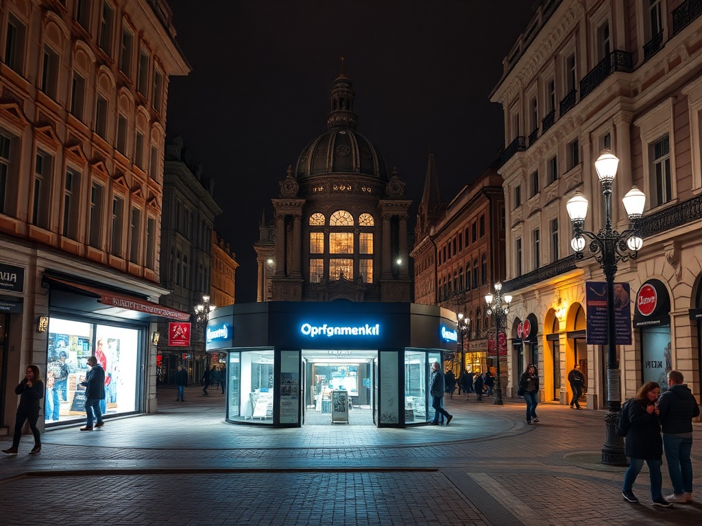 Улица в ночное время, витрины магазинов и фонари, люди гуляют по исторической части города.