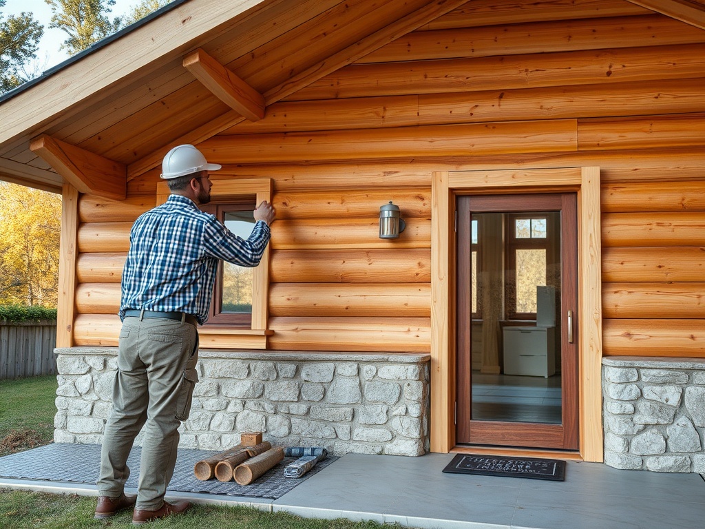Строитель в каске работает над отделкой деревянного дома с каменным основанием. Осень, зелень вокруг.