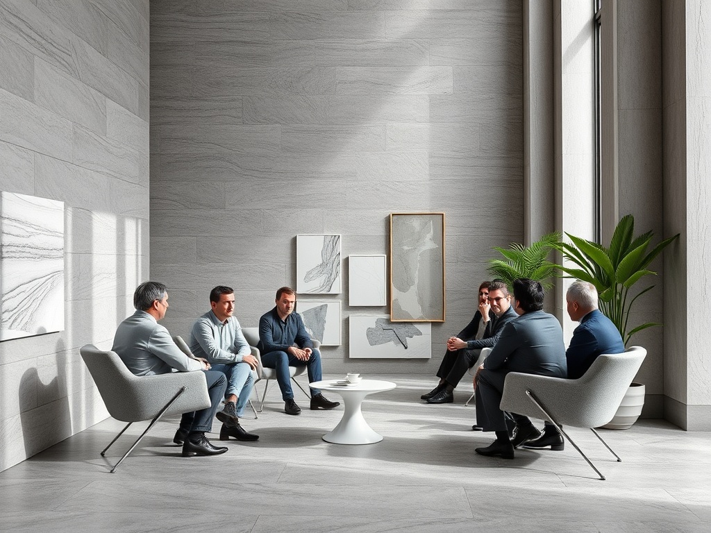 В современном офисе группа мужчин обсуждает идеи, сидя в удобных креслах. Стены оформлены художественными панно.