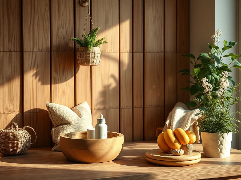 Светлое пространство с деревянной стеной, вазами, подушками и фруктами на столе. Уютная атмосфера.