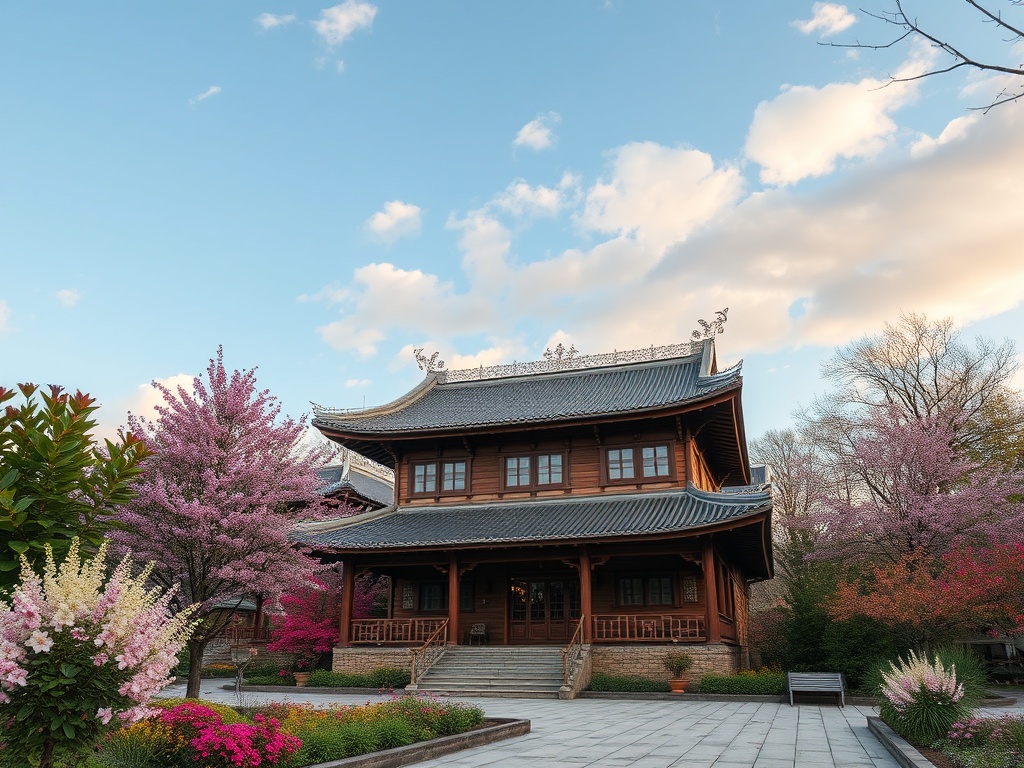 Деревянный дом с крышей в восточном стиле, окружённый цветущими деревьями и голубым небом.