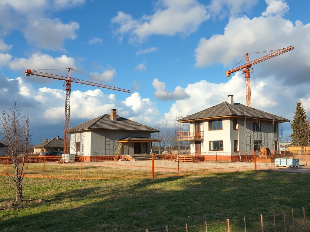 На строительной площадке два дома и краны под облачным небом. Вокруг участок с зеленым газоном.