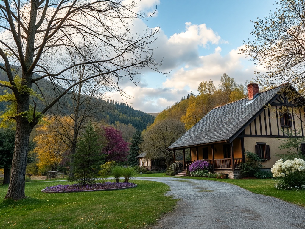 На фото загородный дом с зелёным двором и деревьями, окружённый горами и цветущими кустами.