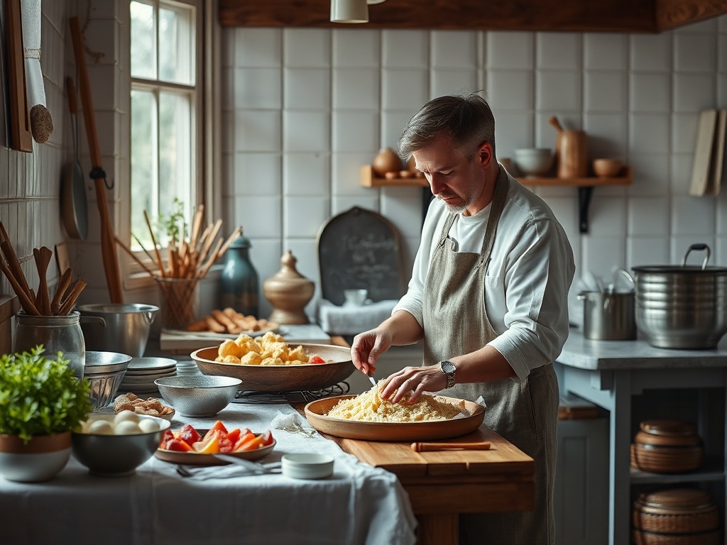 Кулинар готовит блюда на кухне, окружённой посудой и свежими ингредиентами. Уютная атмосфера домашнего уюта.