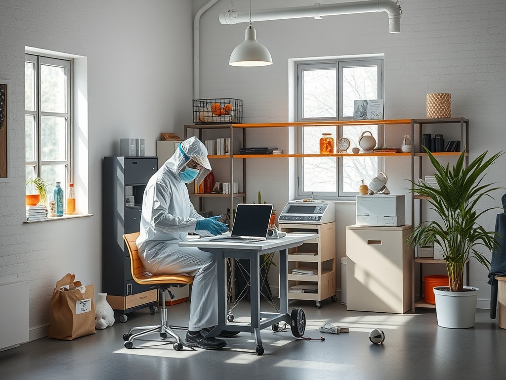 Человек в защитном костюме работает за столом в современном офисе с большим количеством растений и техникой.