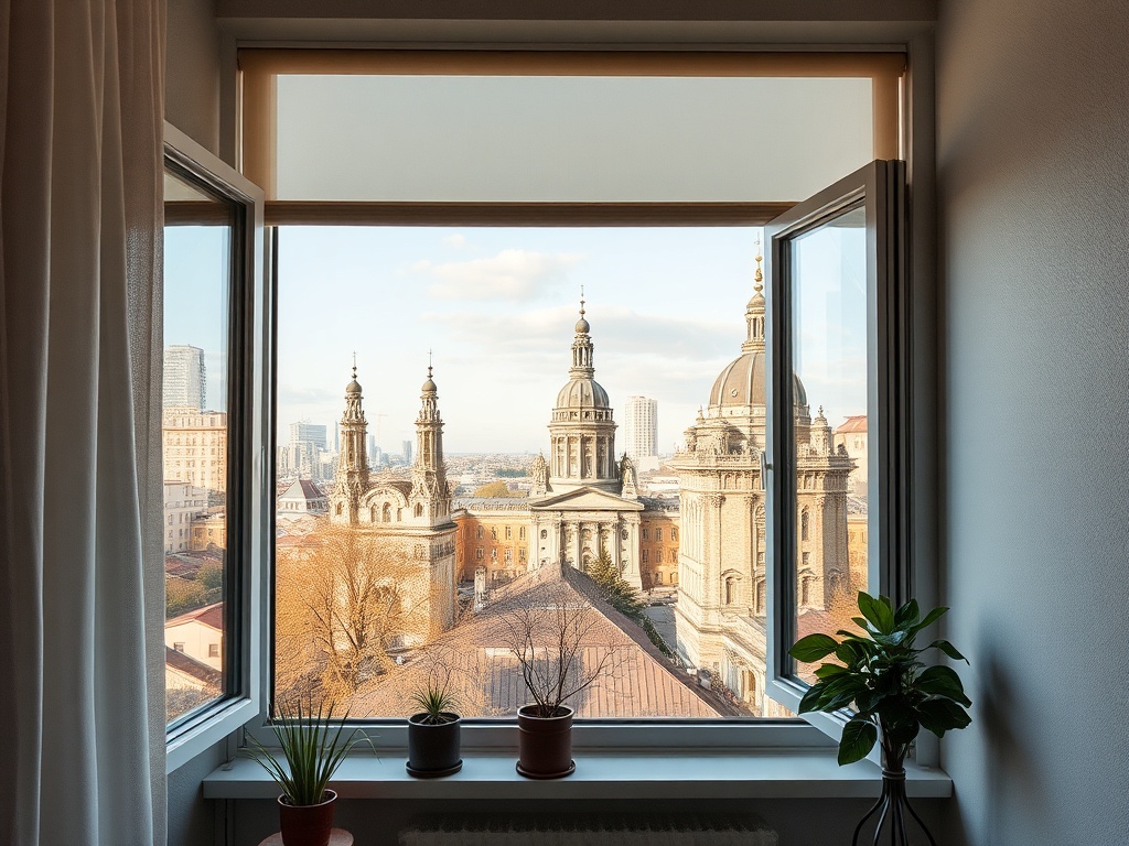 Из окна виден городской пейзаж с красивыми башнями и растениями на подоконнике.