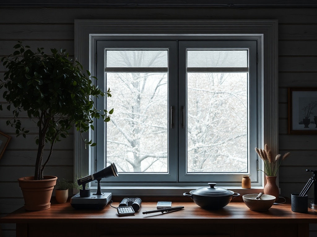 На подоконнике стоит растение, а за окном виден снег и зимний пейзаж. Интерьер теплый и уютный.