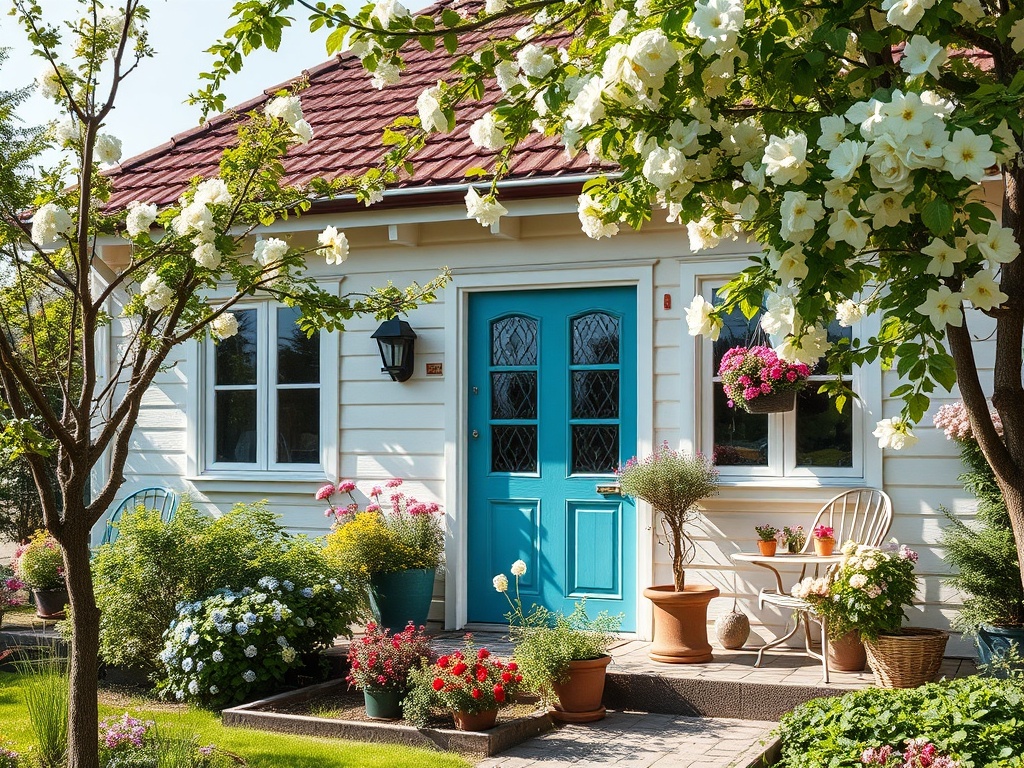 Дом с голубой дверью окружен цветущими растениями и деревьями в солнечный день.
