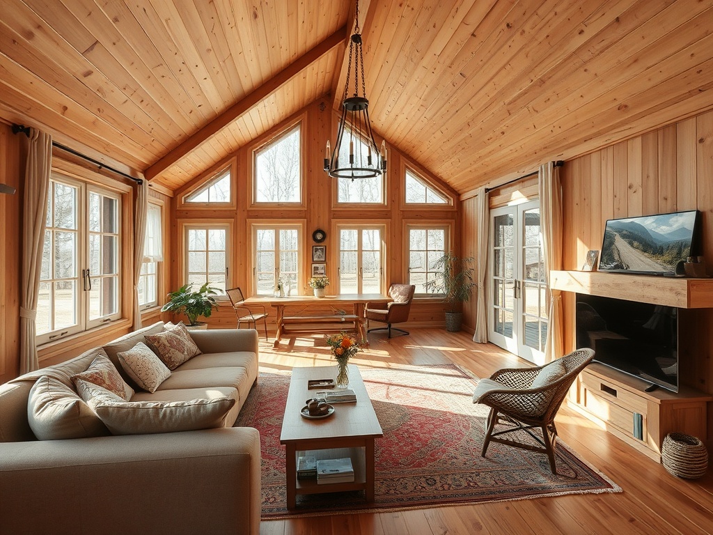 Светлая комната с деревянными стенами, большими окнами, уютной мебелью и стильным декором.