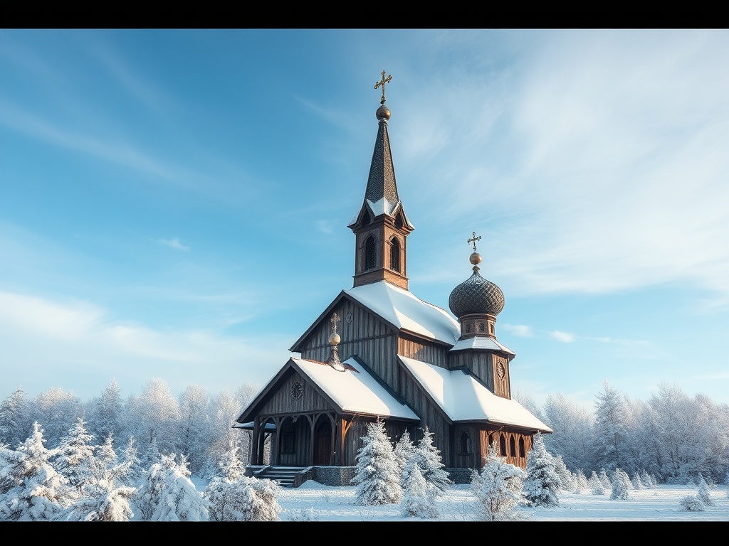 Зимний пейзаж с деревянной церковью, окруженной снежными деревьями и ясным небом.