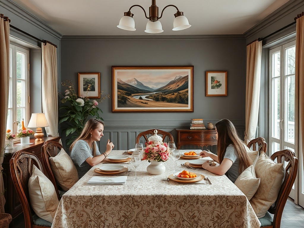 Две девушки сидят за столом в уютной столовой, наслаждаясь завтраком с фруктами и красивым видом.