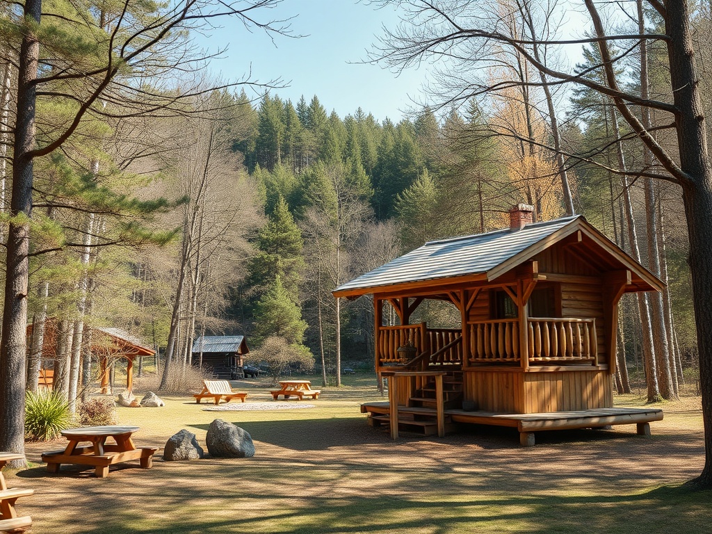 На изображении два деревянных домика и столики для пикника на фоне леса. Ясная погода, солнечный день.