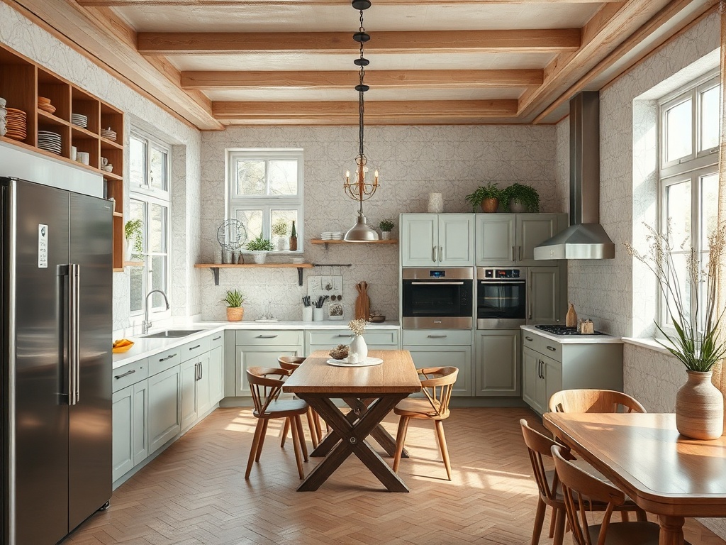 Современная кухня с деревянными балками, светлыми шкафами и столом, окруженным стульями. Светлые окна и растения.