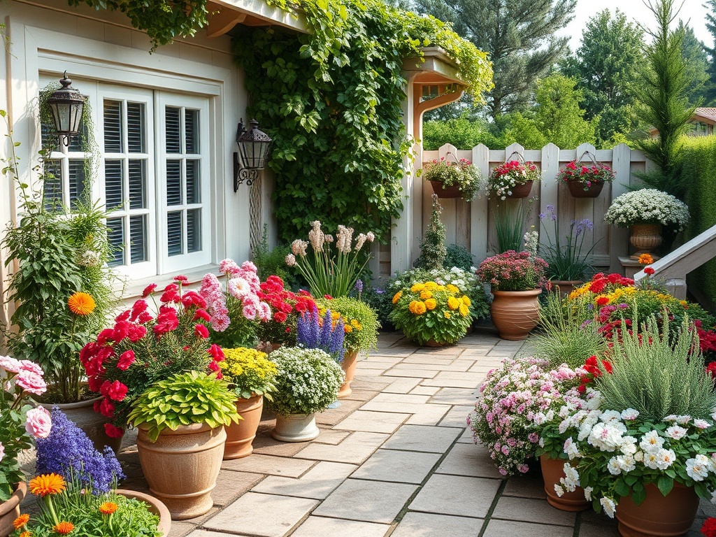Уютный дворик с яркими цветами в горшках и зеленью, окна с ставнями и уютной атмосферой.