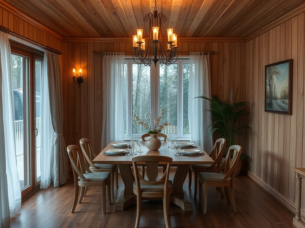 Современная столовая с деревянными стенами, большим столом и уютным освещением. Окна с видом на природу.