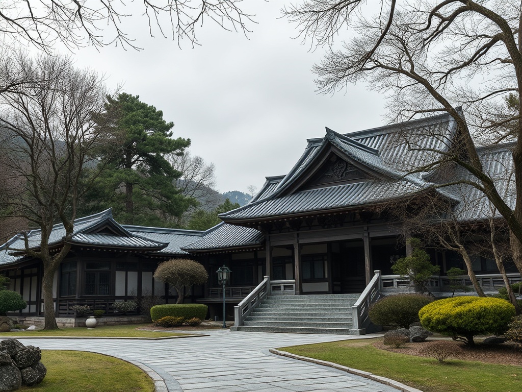 Старинное здание в японском стиле с крышей, садом и деревьями на фоне гор. Пасмурная погода.
