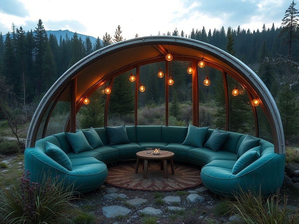 Современная беседка с уютным диваном и яркими лампами среди леса на фоне гор. Спокойная атмосфера отдыха.