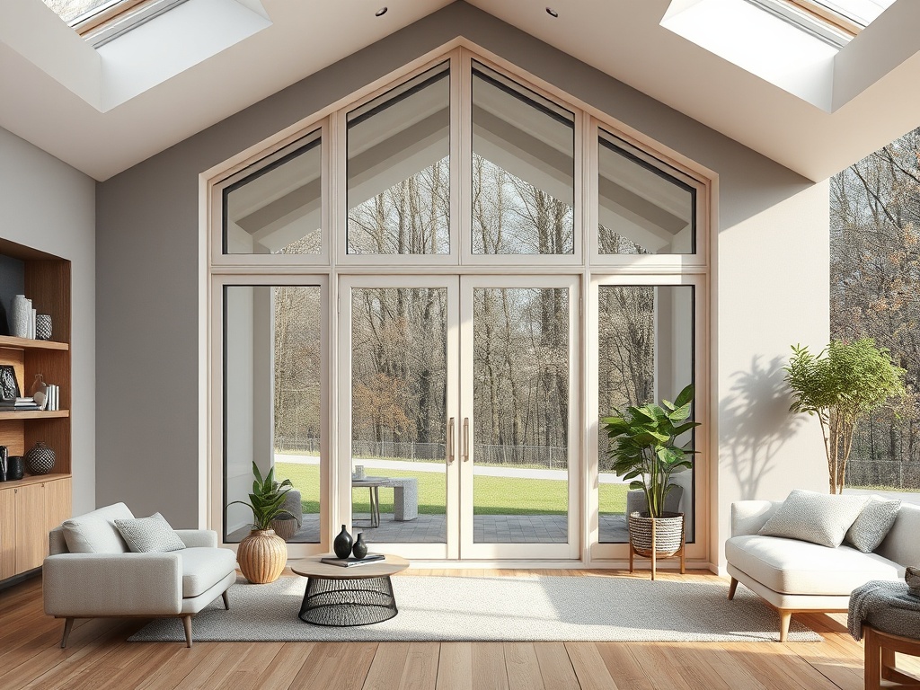 Современный интерьер с большими окнами и скатной крышей. Зеленые растения и уютная мебель придают комфорт.