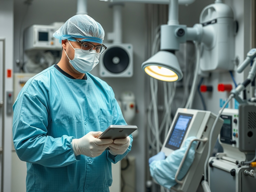 Медицинский работник в защитной одежде с планшетом в руках на фоне медицинского оборудования.
