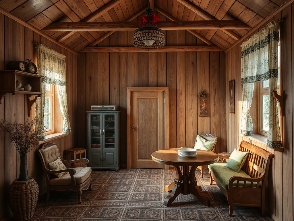 Уютная комната с деревянными стенами, столом, стульями и окнами с занавесками. Теплая, домашняя атмосфера.