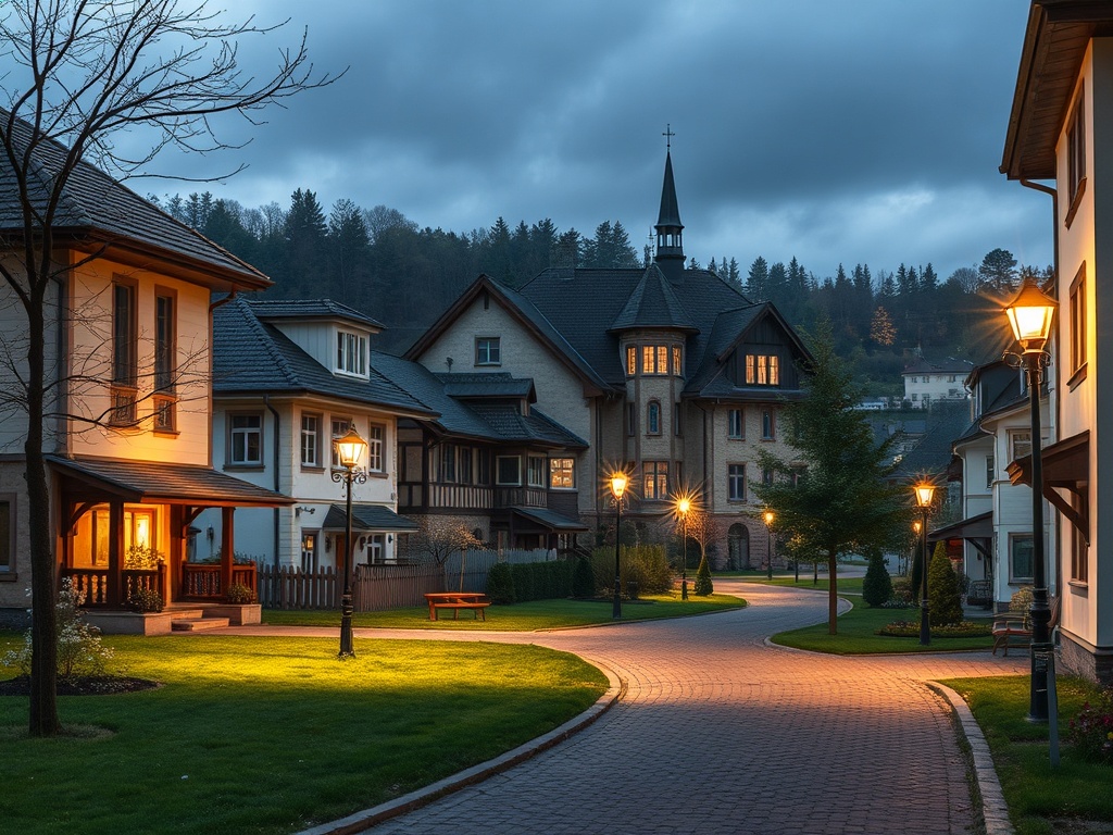 Уютная улица с новыми домами, освещенная фонарями, в темное время суток. Тихая и спокойная атмосфера.