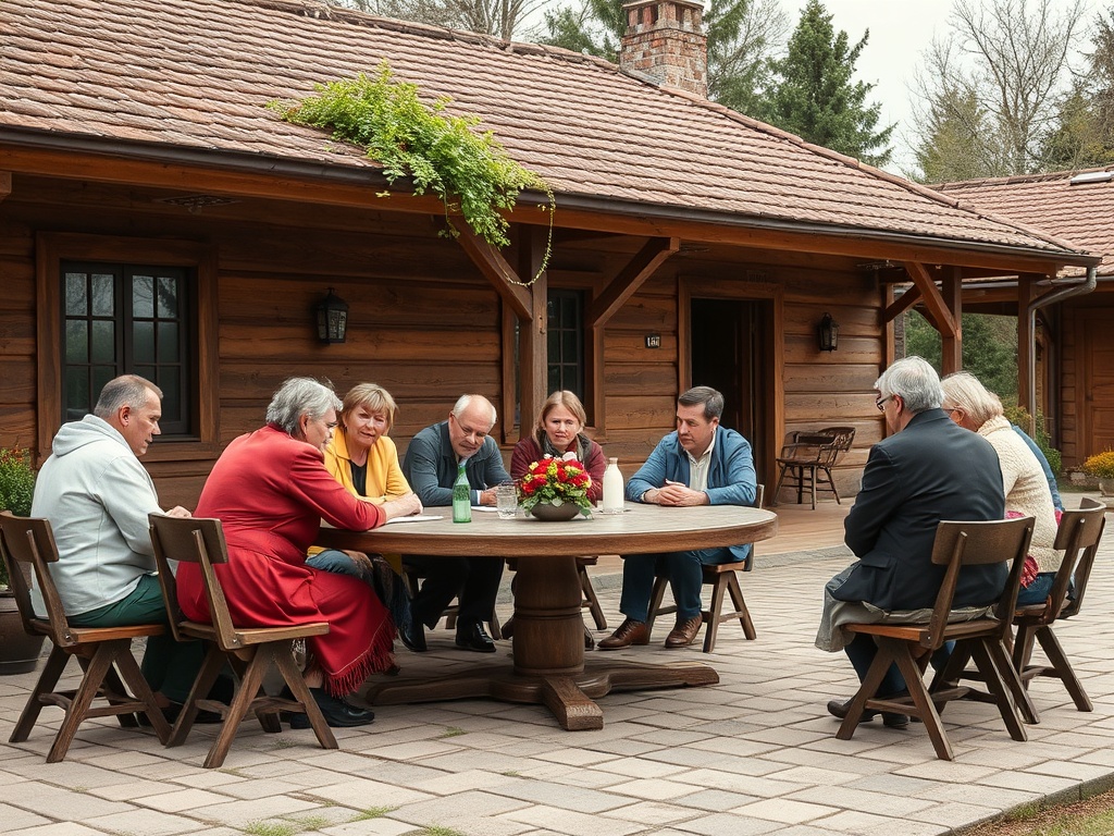 Группа людей сидит за круглым столом на улице, обсуждая что-то на фоне деревянного дома.