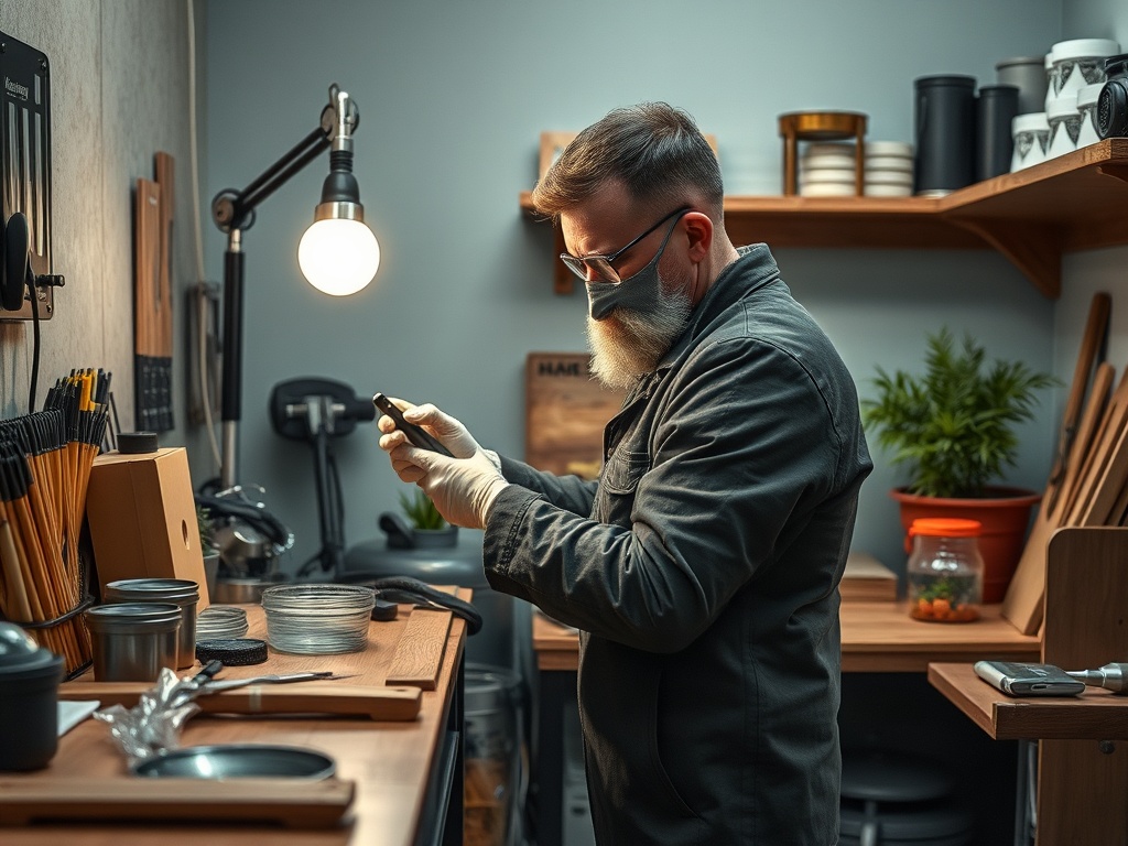 Мужчина в рабочем костюме и перчатках исследует предмет на столе в мастерской с деревянными полками.
