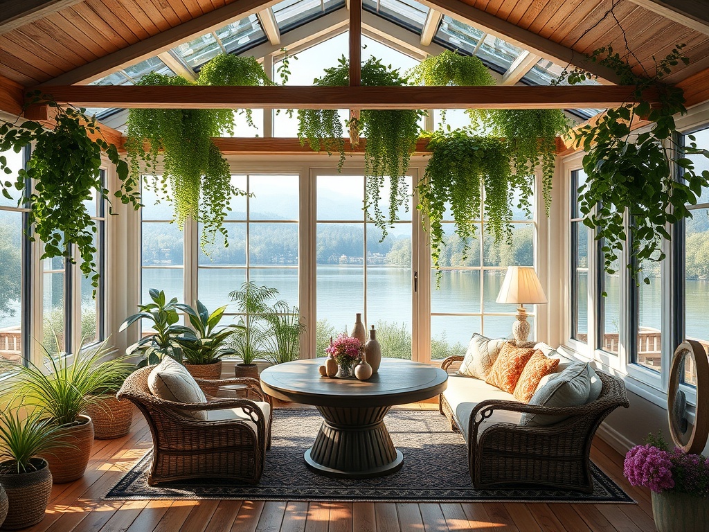 Светлая веранда с растениями и видом на озеро, уютная мебель и много света. Спокойное и стильное пространство.
