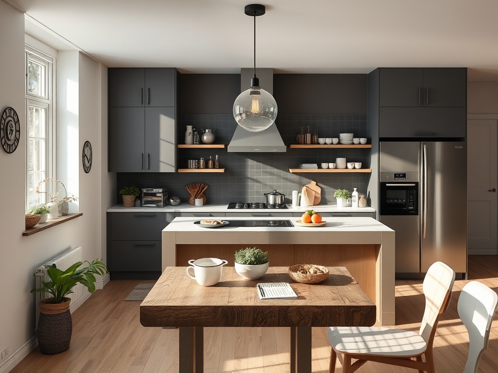 Современная кухня с высокими шкафами, светлой мебелью и островом, украшенная зелеными растениями и фруктами.