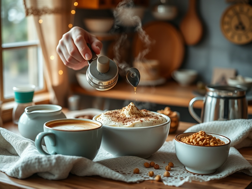 На столе стоят чашка кофе, тарелка с кремом и орехи. Пар поднимается от горячего напитка. Атмосфера уюта.